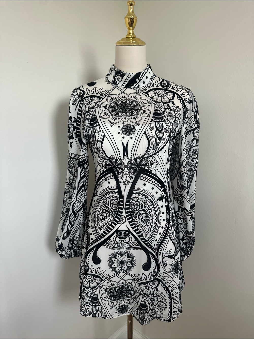 Sweet Generis Black & White Flocked Paisley Mini Dress